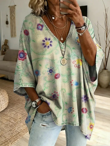 Women's Floral Art Print Casual Loose Cotton Top