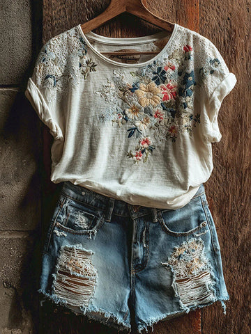Women's Vintage Floral Art Casual Short Sleeve T-shirt