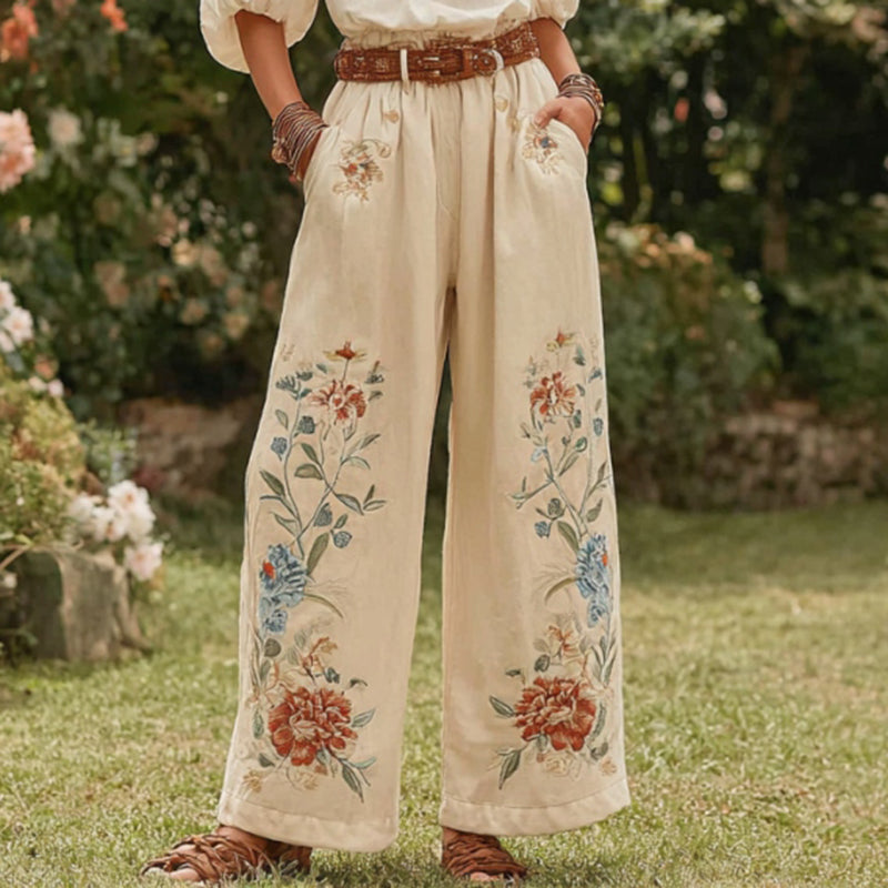 Women's Retro Bohemian Floral Patchwork Linen Trousers