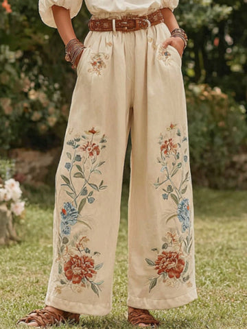 Women's Retro Bohemian Floral Patchwork Linen Trousers