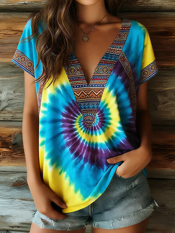 Women's Retro Ethnic Tie-dye Pattern V-neck T-shirt