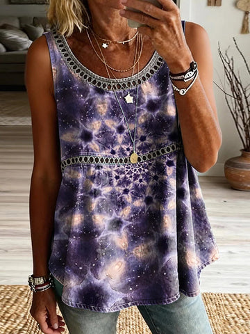 Women's Retro Art Print Casual Sleeveless Hollow-out Cotton Linen Vest