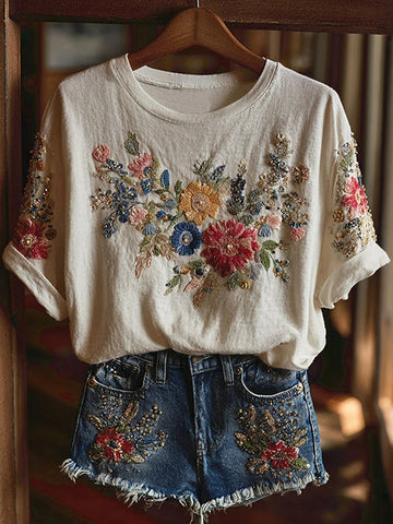 Vintage Floral Art Casual Short Sleeve T-shirt