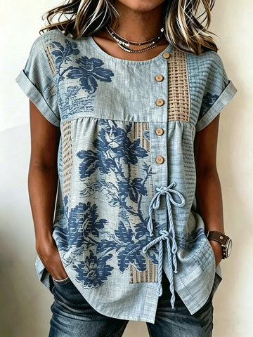 Women's Retro Floral Print V-neck Casual T-shirt
