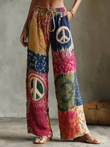 Women's Hippie Style Tie-dye Peace Symbol Print Casual Trousers