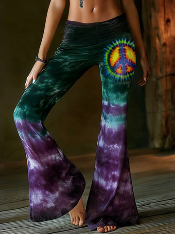 Women's Hippie  Peace Symbol Tie-dye Pattern Flare Yoga Pants