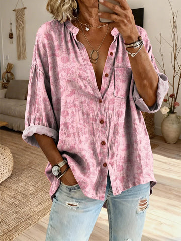 Women's Retro Floral Art Print Casual Cotton Linen Shirt