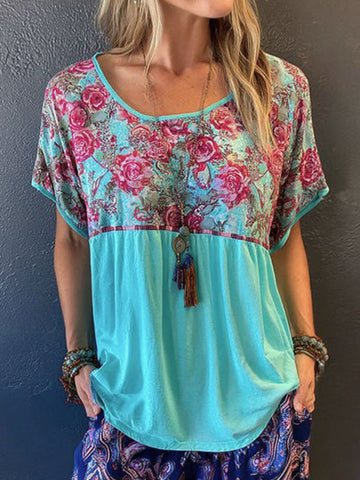 Women's Retro Floral Print Linen Blend Crew Neck T-shirt