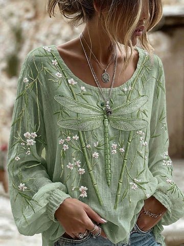 Women's Dragonfly Flower Art Crew Neck Long Sleeve Linen Blend T-shirt