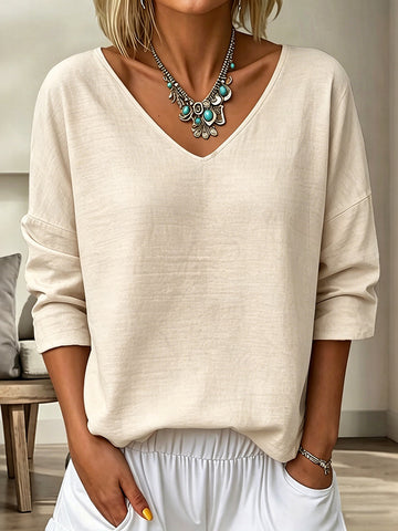 Women's Vintage Floral Dragonfly Art Print Flowy Linen Blend  Three-quarter Sleeve V Neck Linen Tops