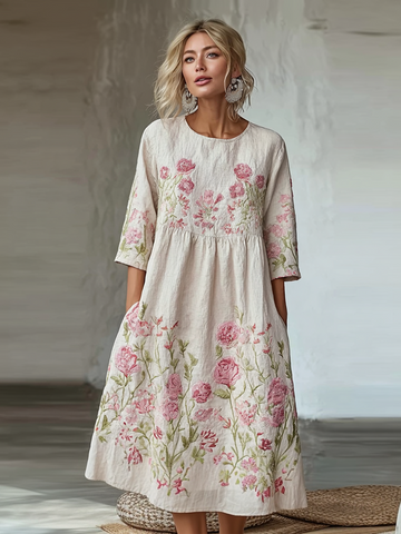 Light Pink Rose Embroidered Pattern Women's Casual Linen Dress