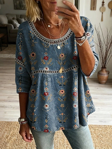 Women's Floral Pattern Art Print Casual Lace-up Top
