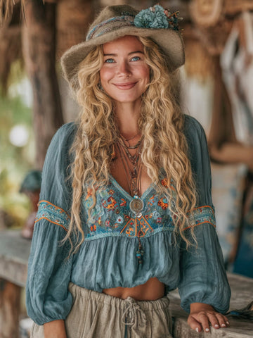 Women's Vacation Boho Floral Print Linen Blend Tops