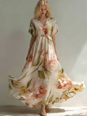 Women's Retro Plant Flower Pattern V-neck Short-sleeve Casual Linen Dress
