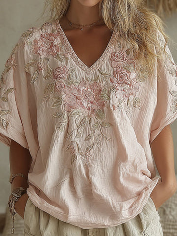Women's Vintage Pink Rose Art Linen Blend V-neck T-shirt