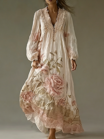 Retro Pink Rose Design V-neck Long-sleeve Casual Dress