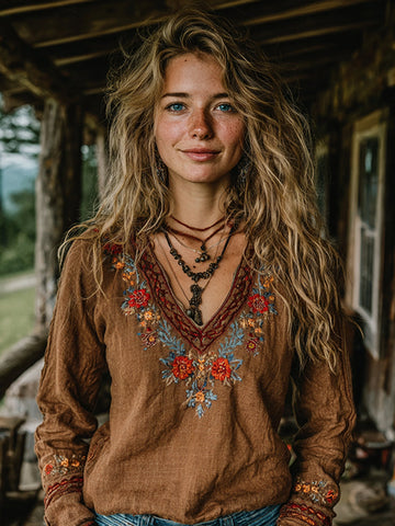 Women's Vintage Floral Embroidered Art Linen Loose Blouses