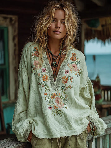 Women's Vacation Boho Floral With Butterfly Print V-neck Linen Blend Tops