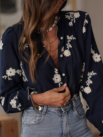 Women's Elegant Casual Floral Embroidered Cotton And Linen Blouse