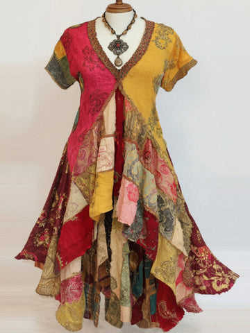 Women's Bohemian Hippie Floral Print Short-sleeve V-neck Dress