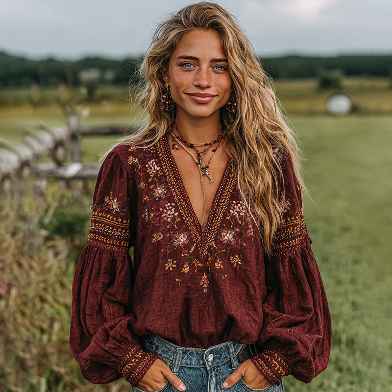 Women's Boho Floral Print Linen Tops
