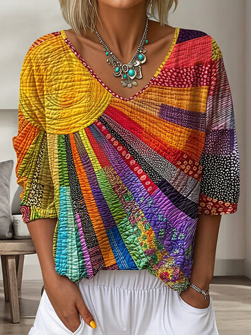 Women's Vintage Floral In Gradient Art Print Flowy Linen Blend  Three-quarter Sleeve V Neck Linen Tops