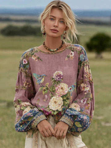 Women's Bohemian Floral And Bird Pattern Linen Crew Neck T-shirt
