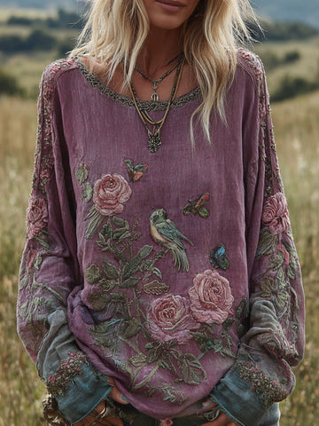 Women's Bohemian Floral And Bird Pattern Linen Crew Neck T-shirt
