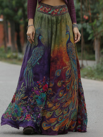 Women's Retro Elegant Peacock Floral Embroidery Art Linen Blend Casual Midi Skirt
