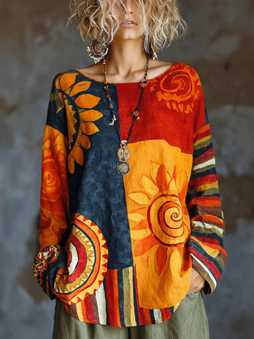 Women's Hippie Style Floral Print Color-blocked Crew Neck T-shirt