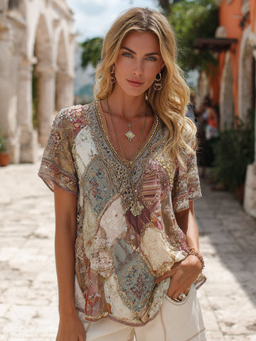 Vintage Bohemian Floral Fresh V-neck Short-sleeved Top
