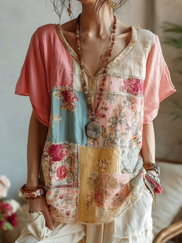 Women's Bohemian Patchwork Floral V-neck T-shirt