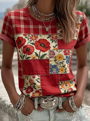 Women's Retro Plaid With Floral Patchwork Art Print Casual Short-sleeve V-neck T-shirt