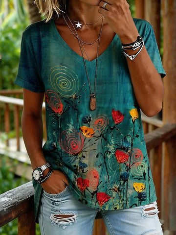 Women's Floral Art Print Short Sleeve  V Neck Tshirt