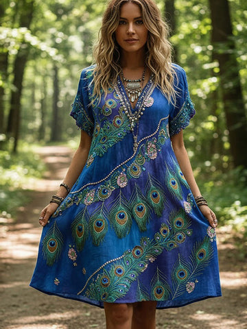 Women's Vintage Peacock And Floral Gradient Pattern Short-sleeved Dress