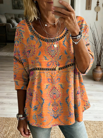 Women's Vintage Ethnic Orange Floral Art Print Flowy Linen Blend Casual Tops
