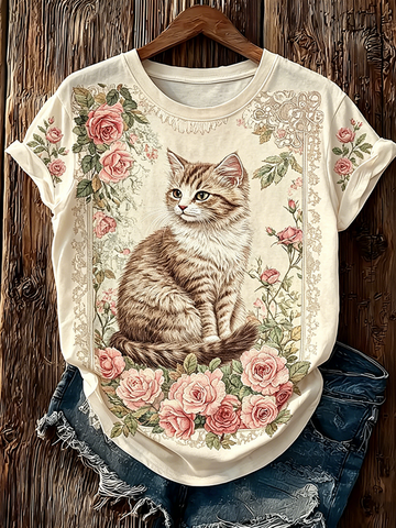 Retro Cute Animal Pattern Design Casual Short-sleeve T-shirt
