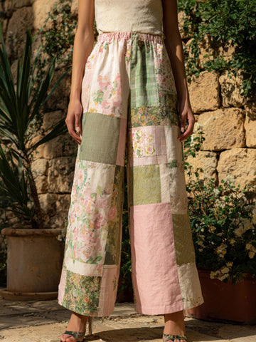 Women's Retro Bohemian Floral Patchwork Linen Trousers