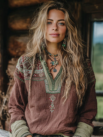 Women's Vacation Boho Tribal Ethnic Patterns Print V-neck Linen Blend Tops