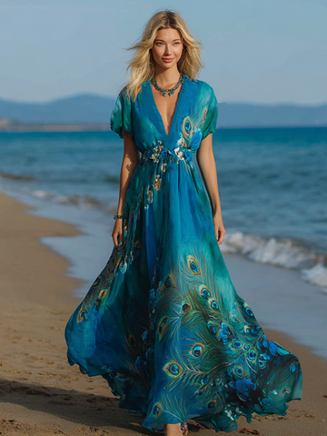 Bohemian Style Retro Peacock Feather Pattern Women's Casual Cotton And Linen Dress