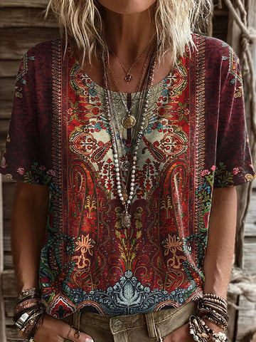 Women's Vintage Ethnic Red Floral Totem Art Print Flowy Short Sleeve Tshirt