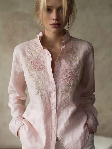Light Pink Rose Embroidery Pattern Women's Casual Linen Long-sleeve Shirt