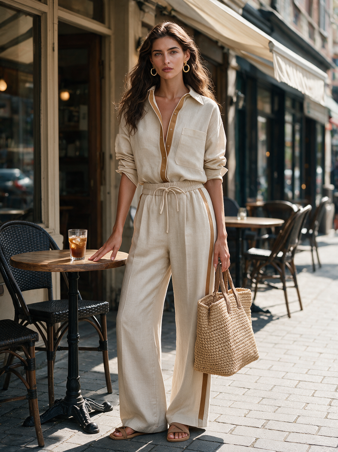 Women's Casual Khaki Cotton-Linen Shirt And Trousers Two-Piece Set MDZ2001H5LXY