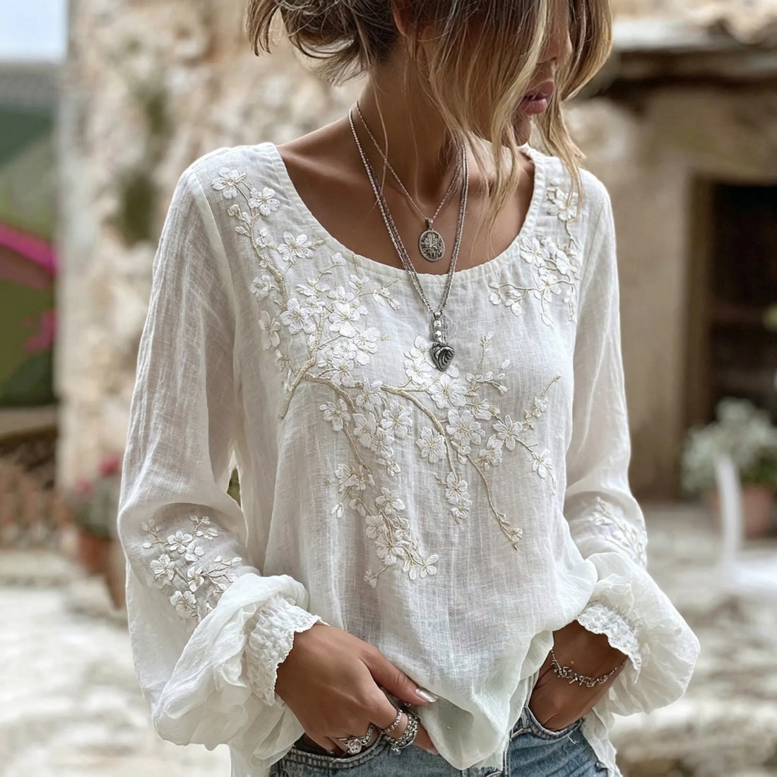 Women's Japanese Sakura Print Crew Neck Linen Blend T-shirt