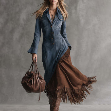 Women's Retro Tassel Color-blocked Dress (Blue-Brown Style)