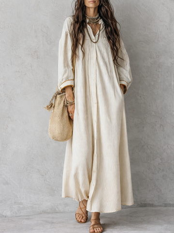 Striped Ivory Long Dress With Button Closure