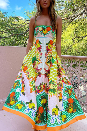 Cotton and Linen Strap Fruit Print Sleeveless Swing Dress
