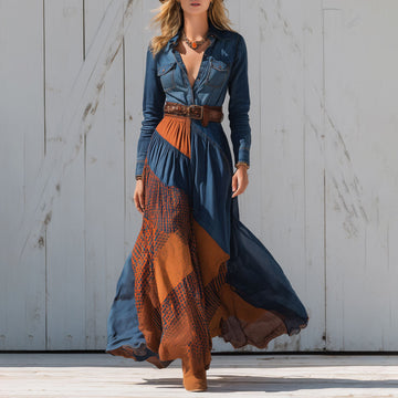Elegant Plaid Patchwork Long-sleeved Dress