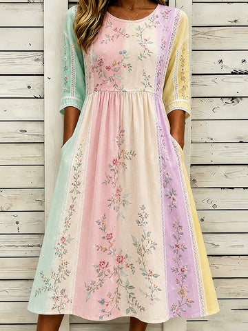 Women's Retro Floral Art Embroidery Striped Spliced Comfortable Cotton Linen Refreshing Round Neck Dress