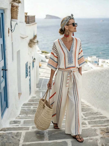 Women'S Casual Striped Color-Block Wide-Leg Pants Set